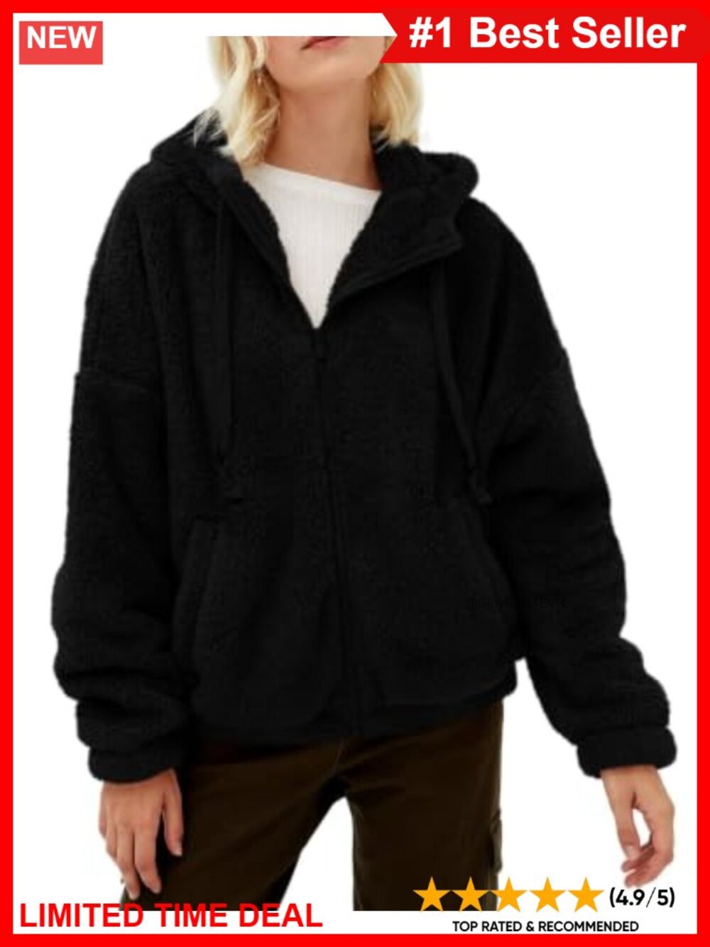 Fuzzy Sherpa Fleece Zip Up Hooded Jacket Warm Loose Fit Casual